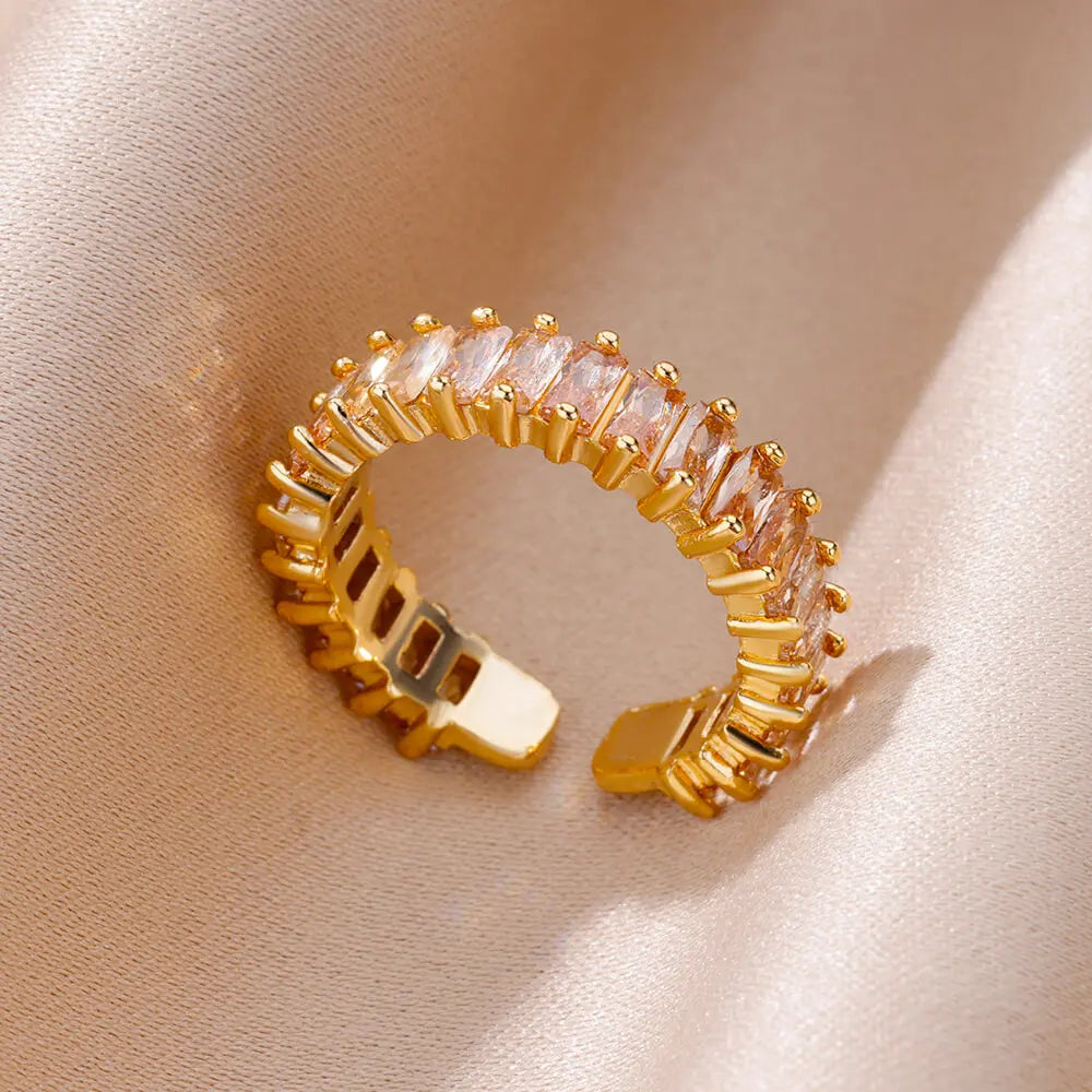 Gold Color Cubic Zircon Rings For Women Open Stainless Steel Green Luxury Crystal Finger Ring Boho Jewelry Wedding Party Gift