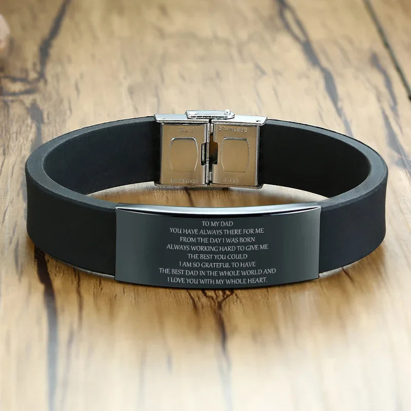 Vnox 16mm Father's Day Gift Bracelet,Black Rubber Silicone Bangle with Custom TO MY DAD Stainless Steel Bar,Men Casual Wristband