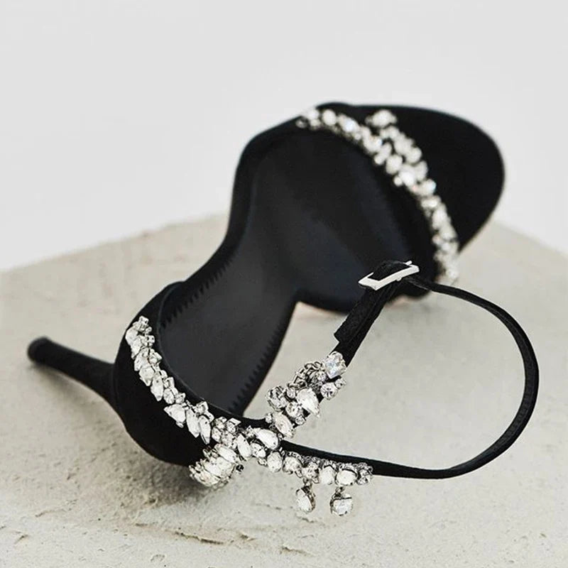 Black High Heels Women's Stiletto Heels Celebrity Style Versatile Slotted Buckle Rhinestone Open Toe Round Toe Sandals