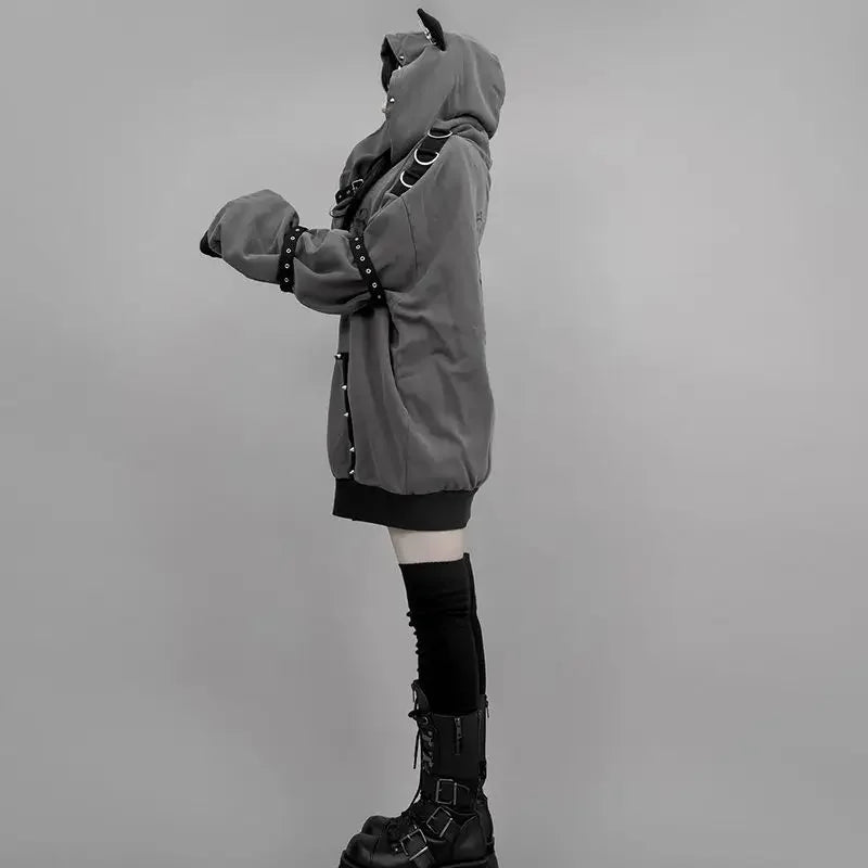 Streetwear Harajuku Hoodies Jackets Women's Clothing Hooded Punk Zipper Coat Japanese Rivet Print Fashion Casual Y2k Sweatshirts