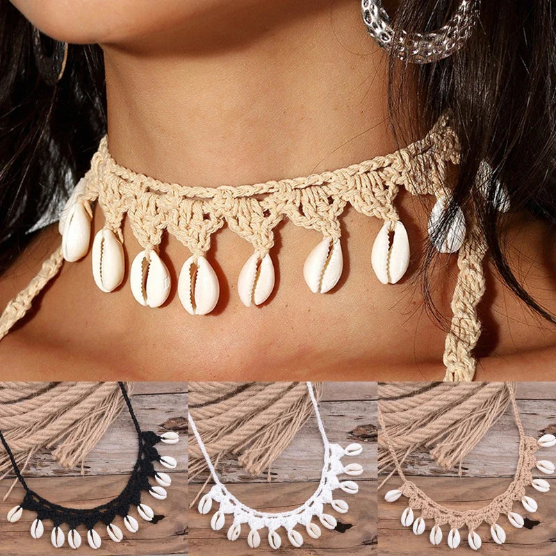 Shell Choker Necklace Natural Sea Cowrie Shell Rope Chain Choker Necklace