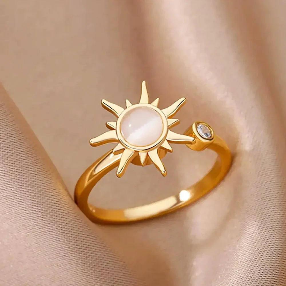 Exaggerated Sun Rings For Women Gold Color Stainless Steel Sun Adjustable Ring Fashion Anniversary Party Lucky Jewelry Gift