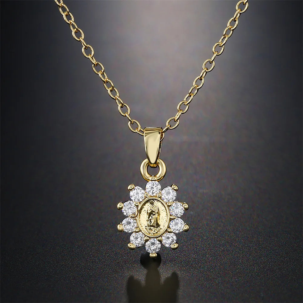NEWBUY High Quality Women's Religious Jewelry Copper CZ Zircon Inlay Virgin Mary Pendant Stainless Steel Chain Necklace