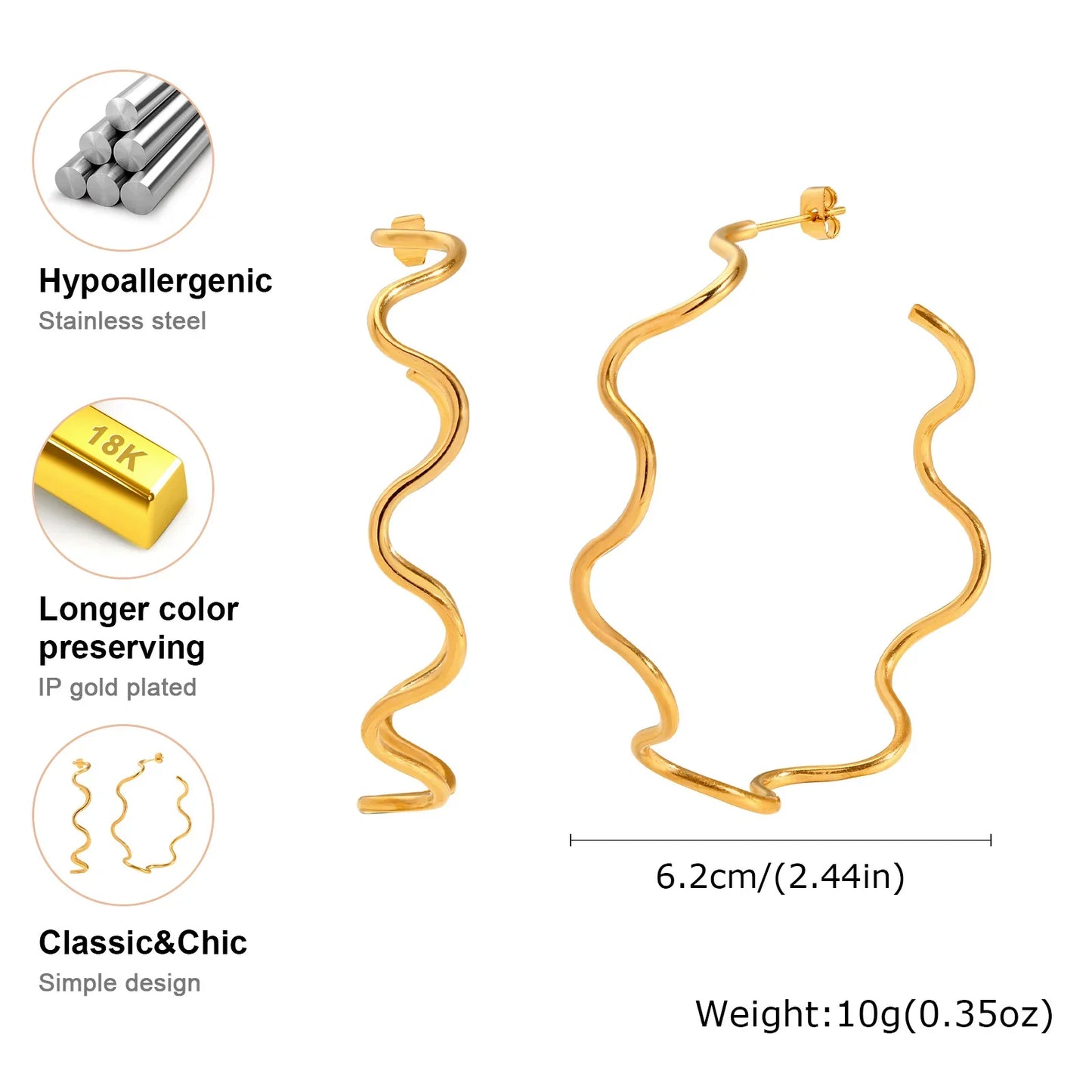 Open Hoop Earrings Women, Minimalist 18K Gold Plated Large Earrings Wave Shape Big Hoops,Stainless Steel Jewelry