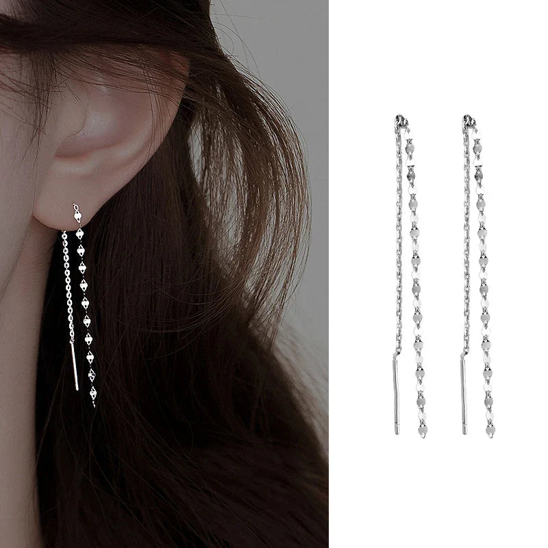 JWER S925 Silver Needle Star Line Earring for Women Tassel Drop Earring Long Chain Beads Piercing Earring Asymmetry Ear Jewelry