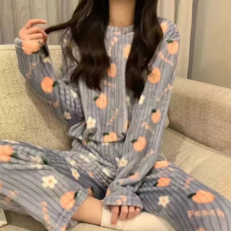 Thiened Long Sve Coral Fce Pajamas Women's Winter Home Clothes Set Cute Cartoon Print round Ne Spwear Set for Youth