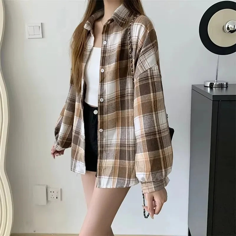 Plaid Shirt Women Fashion Autumn Long Sleeve Top Female Vintage Single Breasted Blouse Ladies Preppy Style Loose Check Shirts