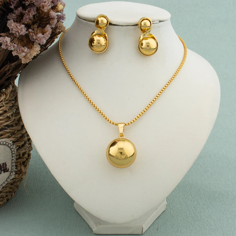 Simple Geometric Metal Necklace Earrings Set Globular Pendant for Women Stainless Steel Gold Plated Non-fade Trendy Jewelry