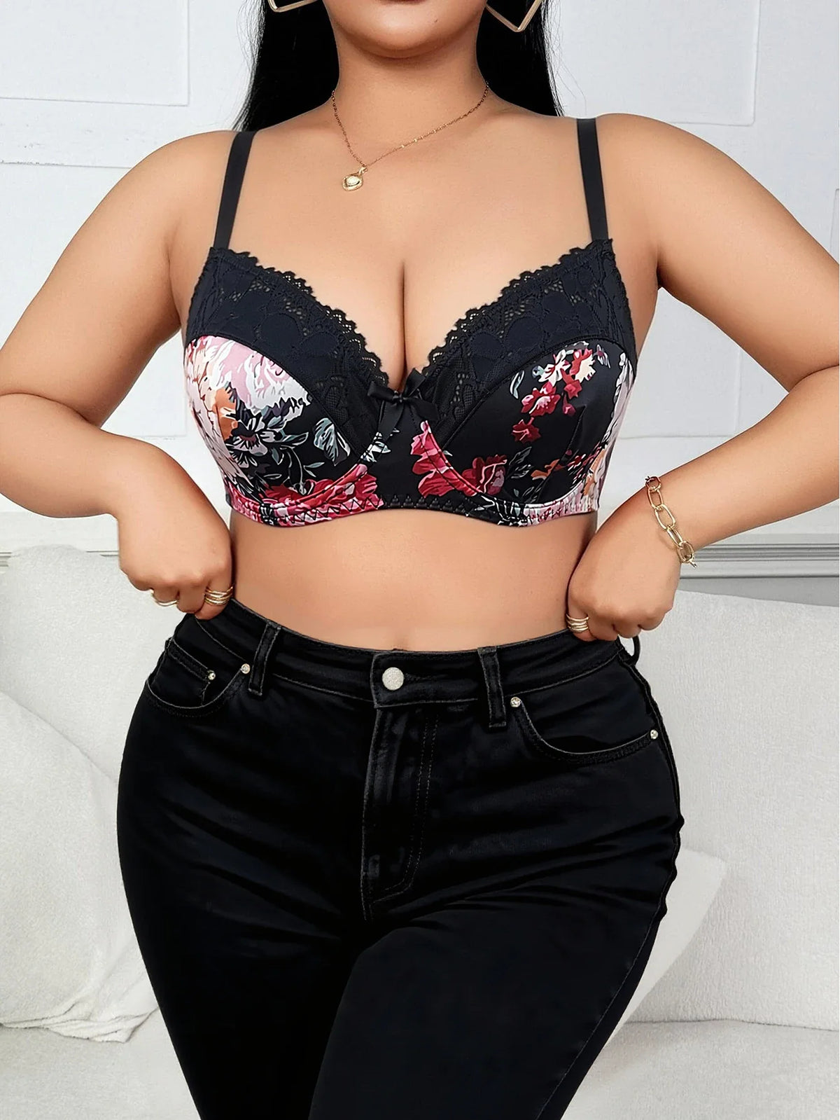 Anti-sag Push Up Bra Plus Size Black Base Red Floral Print Lace Side Gather Lift Up Large Brassiere Flower Pattern Underwear
