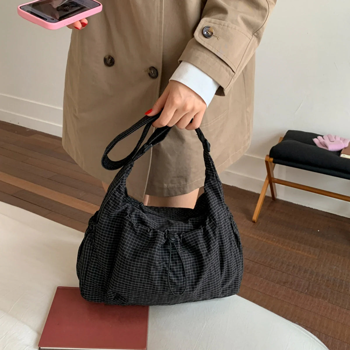 Women Checkered Sling Bag Nylon Pleated Cloud Shoulder Bag Large Capacity Stylish Plaid Tote Bag Shopping Date Handbag
