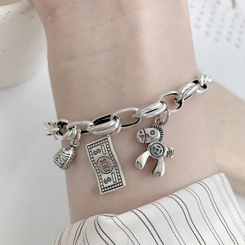 Sterling Silver plated Thai Silver Bracelet for Women Vintage Geometric Heart Love Lucky Punk Jewelry 2023 New Dropship