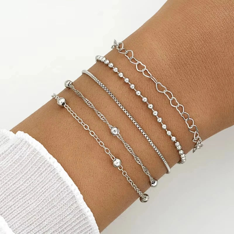 5 Pcs Set Silver Color Chain Bead Bracelets for Women Simple Elegant Vacation Beach Party Casual Jewelry Versatile Daily Wear