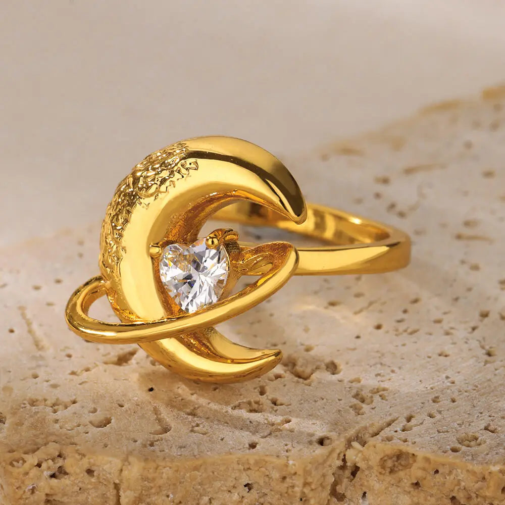 Gold Color Stainless Steel Geometric Rings for Women Zircon Heart Sun Moon Open Ring Fashion Aesthetic Jewelry Wedding Gift