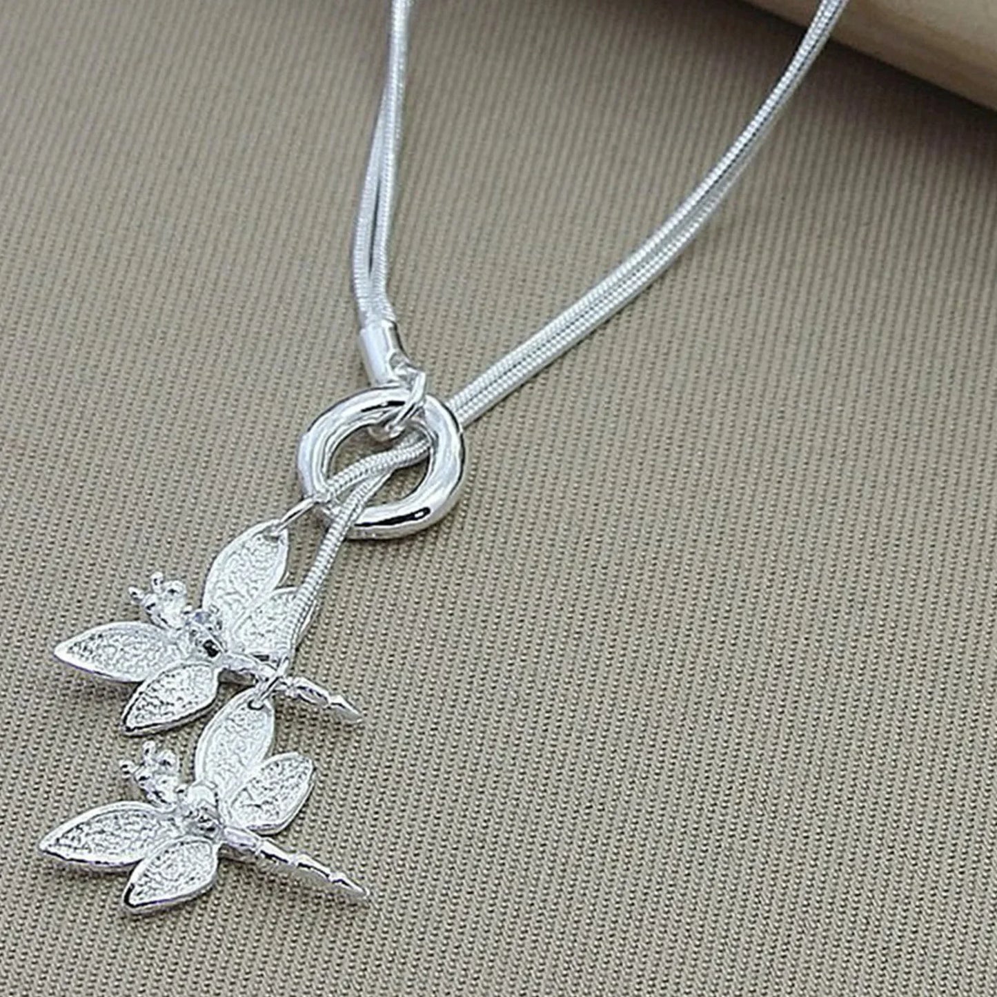 925 Sterling Silver Two Dragonfly Pendant Necklace For Women Snake Chain Necklace Wedding Engagement Jewelry
