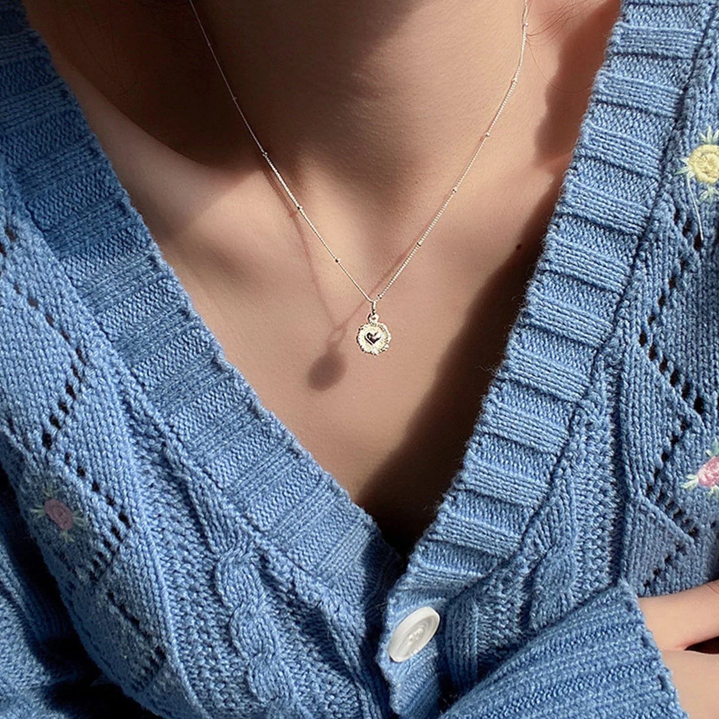 925 Sterling Love Heart Texture Bead Necklace for Women Girl Stereoscopic Design Double Sided Jewelry Gift Wholesale