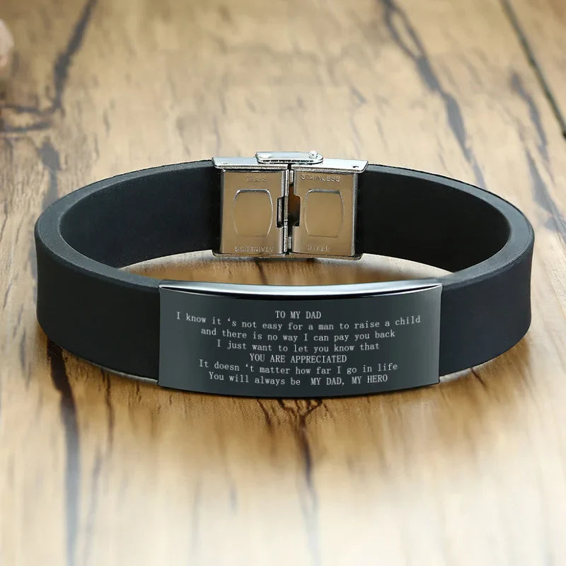 Vnox 16mm Father's Day Gift Bracelet,Black Rubber Silicone Bangle with Custom TO MY DAD Stainless Steel Bar,Men Casual Wristband