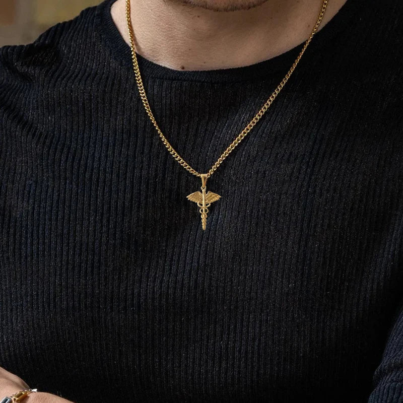 18K Gold Plated Stainless Steel Angel Wing Serpent Necklace - Greek Caduceus Pendant, Doctor/Nurse Charm Jewelry