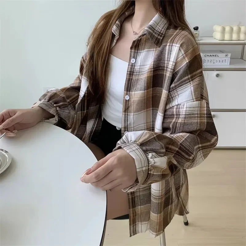 Plaid Shirt Women Fashion Autumn Long Sleeve Top Female Vintage Single Breasted Blouse Ladies Preppy Style Loose Check Shirts