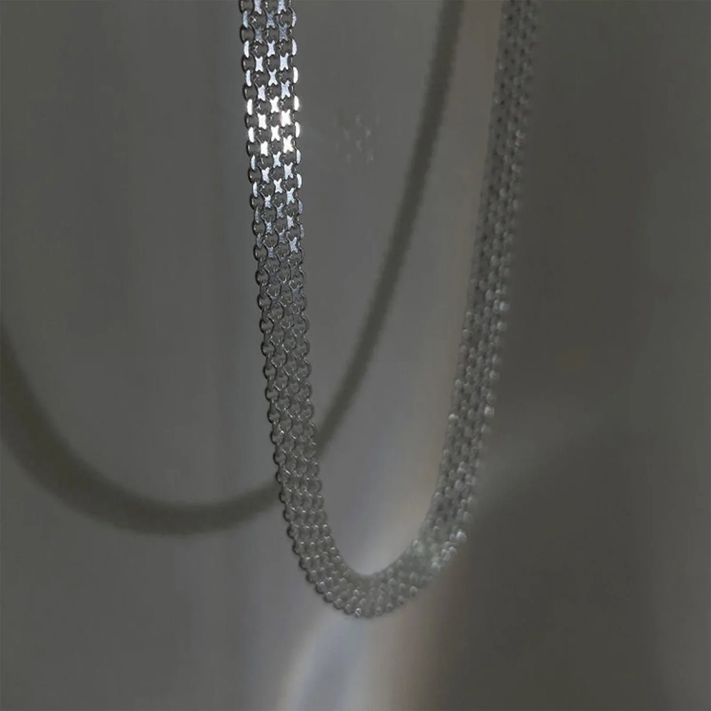 S925Silver European and American simple and unique woven hollow wide necklace ins trend mesh collarbone chain
