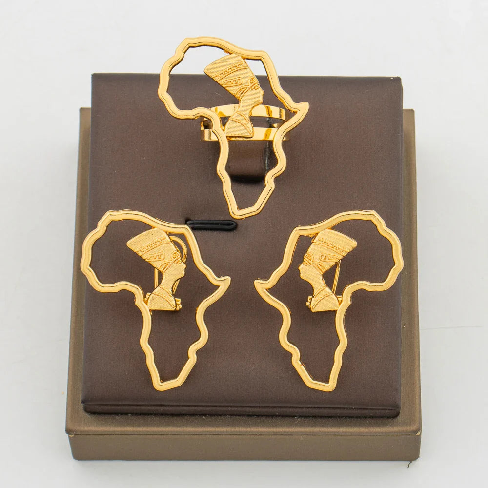 African Gold Color Earrings Ring Jewelry Set for Women Copper Alloy Clip Earrings and Finger Ring 2Pcs Set Weddings Daily Wear