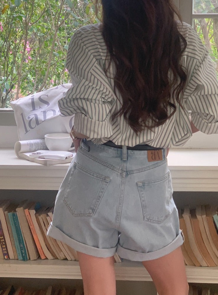 Spring Autumn Striped Blouses Long Sleeve Single-breasted Pocket Women Shirts Tops