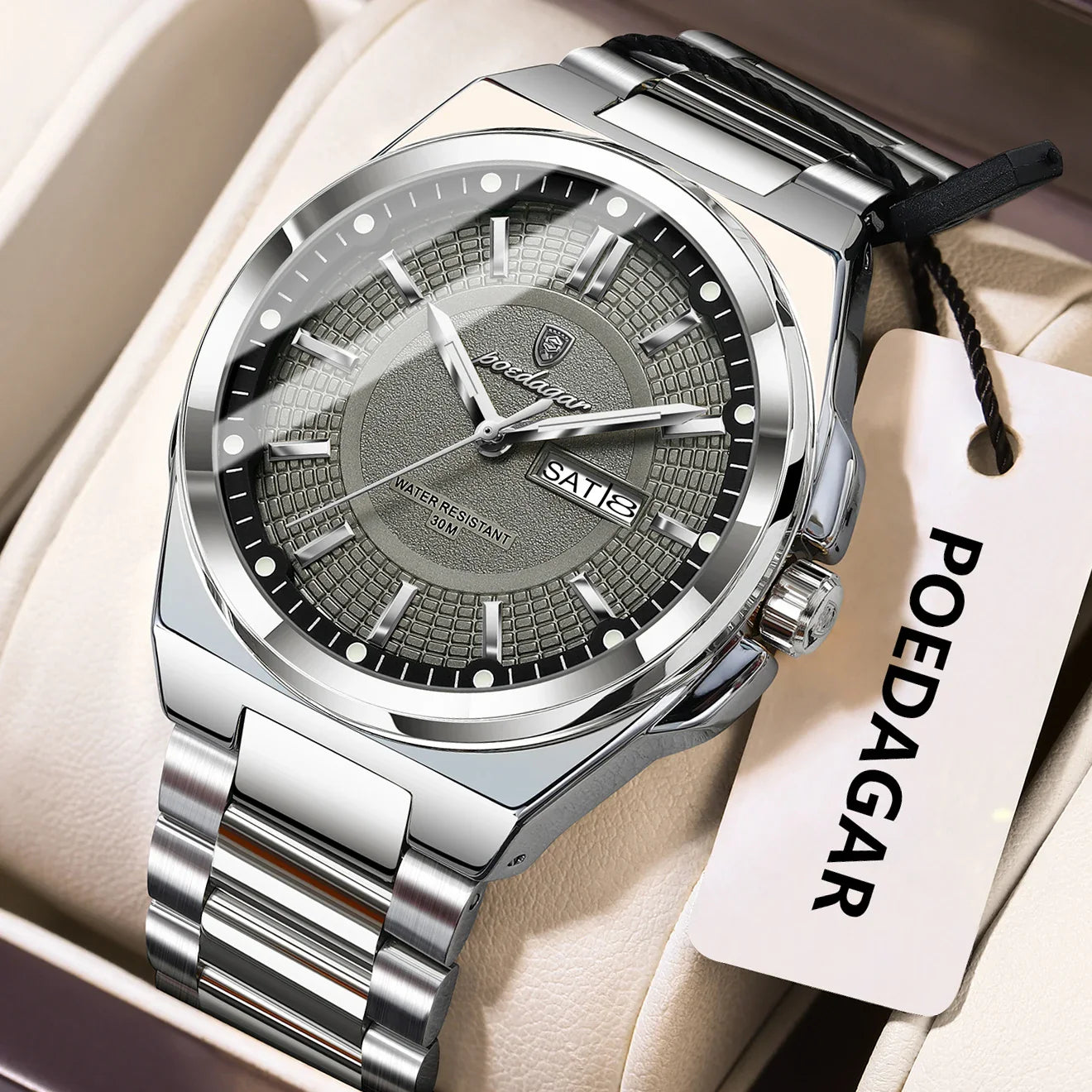 POEDAGAR Top Original Men's Watches Stainless Steel Waterproof Luminous Man Watch Date Week Classic Trendy Quartz Men Wristwatch