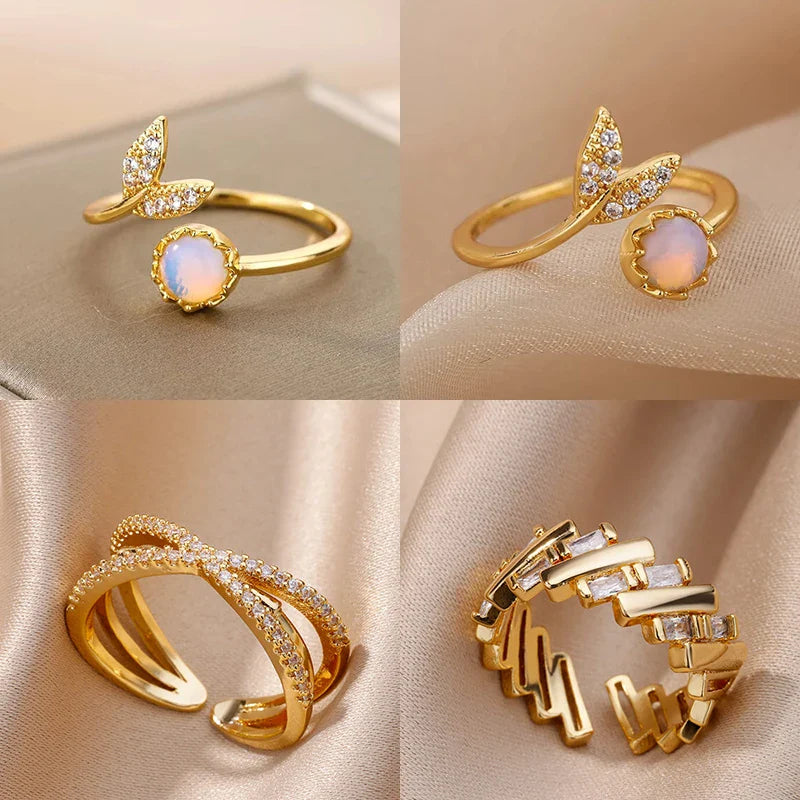 Fashion Leaves Opal Rings For Women Stainless Steel Opal Crystal Stone Leaves Finger Ring Engagement Bohemian Jewelry Gift