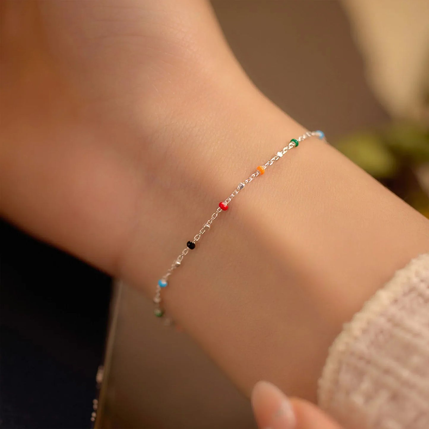 S925 Silver Dopaamine Colored Bean Bracelet Women's Popular INS Summer Niche Thin Fashion Jewelry Trendy Accessory