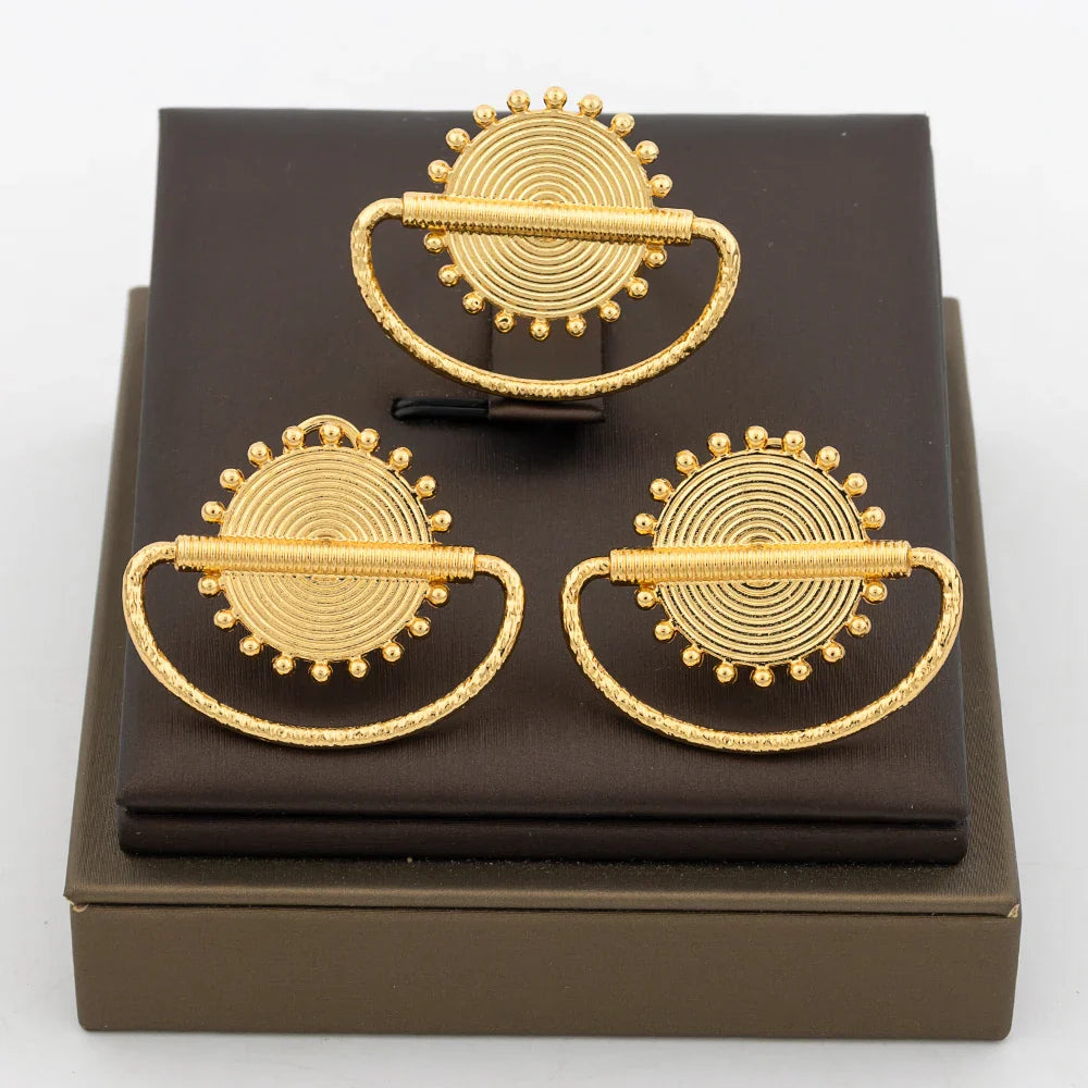 Fashion Earrings Jewelry for Women 18k Gold Plated Clip Earrings and Finger Ring Party Gift for African Dubai Copper Jewelry Set