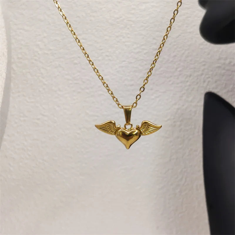 Angel's Wings Heart Rose Daisy 18k Gold Plated Stainless Steel Fashion Pendant Charm Necklaces For Women
