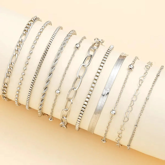 11Pcs/Set Boho Twisted Flat Snake Chain Anklet for Women Summer Beach Vintage Barefoot Ankle Bracelet On Leg Jewelry Accessories