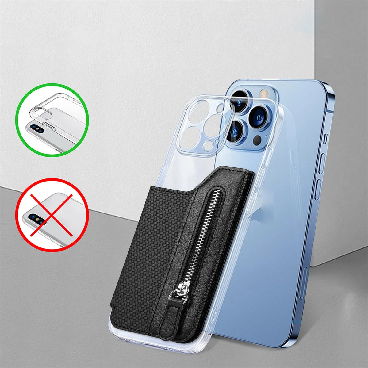 Phone Case Card Holder With Fiber Pattern PU Leather Back Sticker Card Bag Zipper Wallet Universal Desktop Support Bracket
