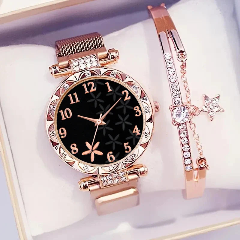 2PCS Fashion Women's Watches Set Magnet Buckle Mesh Strap Analog Quartz Watch Star Bracelet Set Reloj Mujer