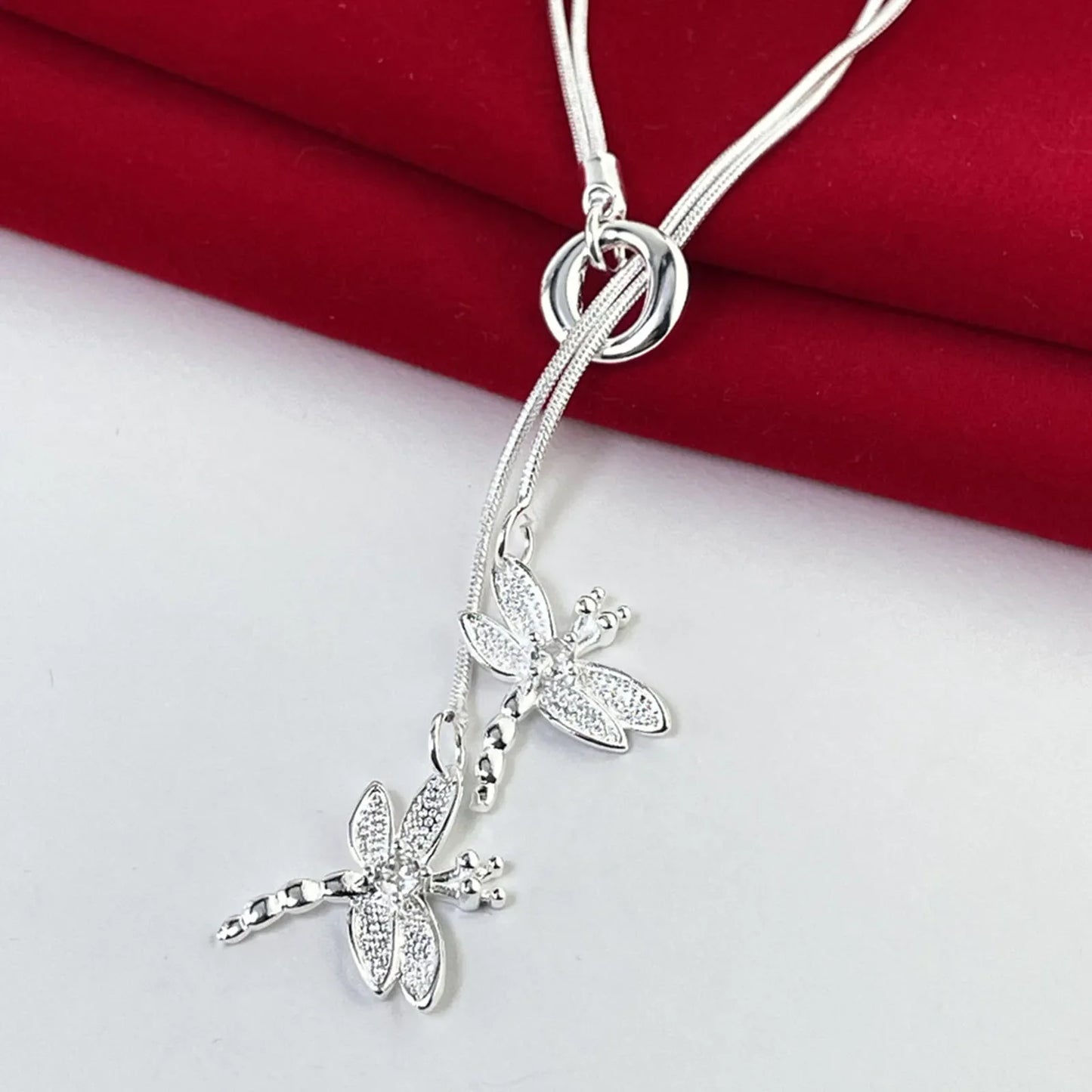 925 Sterling Silver Two Dragonfly Pendant Necklace For Women Snake Chain Necklace Wedding Engagement Jewelry