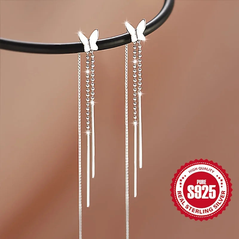 Pair of S925 Silver Butterfly Tassel Earrings for Ladies Low Allergy Sweet Girl Versatile Daily Accessory Perfect Gift for Women