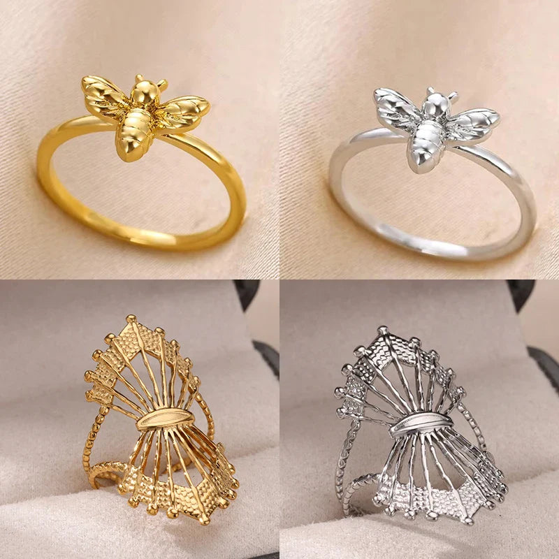 Fashion Bee Rings For Women Design Gold Color  Stainless Steel Bee Ring Wedding Engagement Christmas Jewelry Gift