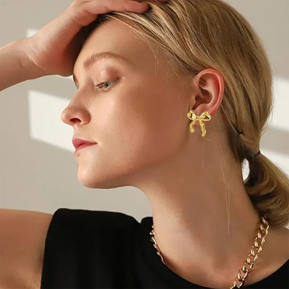 Vintage Bowknot Stainless Steel Earrings For Women Elegant Jewelry Gold Plated Stainless Steel Stud Earring Christmas Jewelry