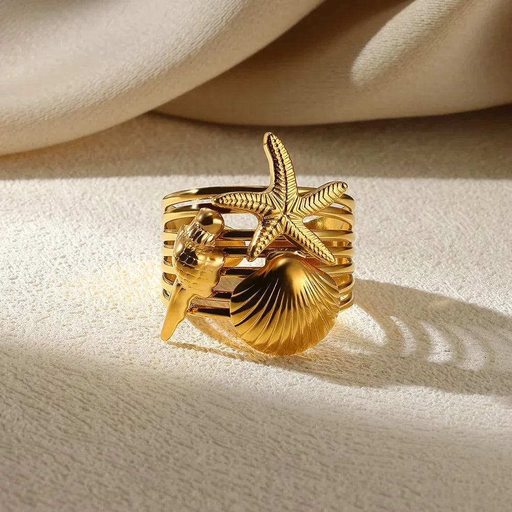 316L Stainless Steel Starfish Shell Rings for Women Gold Color Open Finger Ring Femme Trendy Summer Vacation Ocean Jewelry Gift