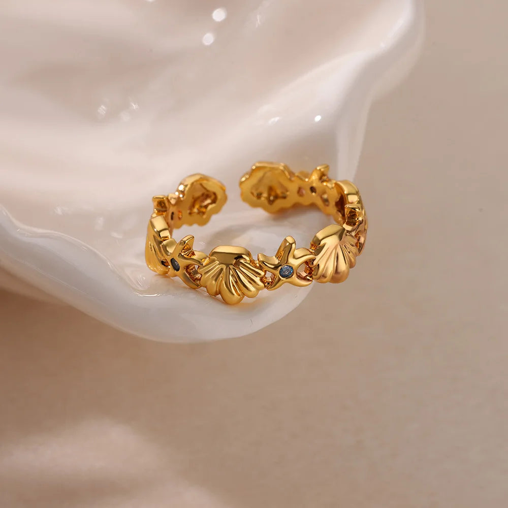 Starfish Shell Stainless Steel Open Rings For Women Fashion Gold Color Finger Ring Trendy Summer Beach Vacation Ocean Jewelry
