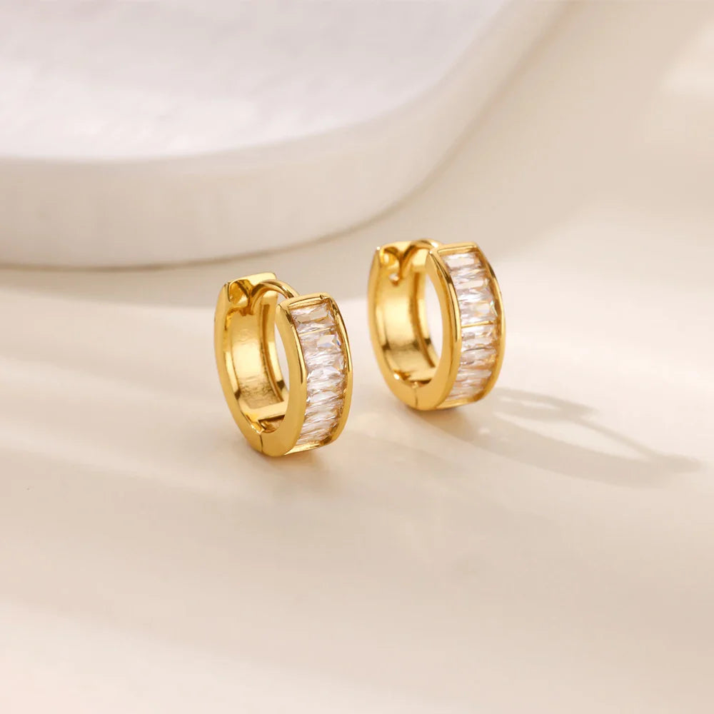 Cubic Zirconia Hoop Earrings For Women Luxury Crystal Zircon Gold Color Stainless Steel Earring Jewelry Wedding Party Gift