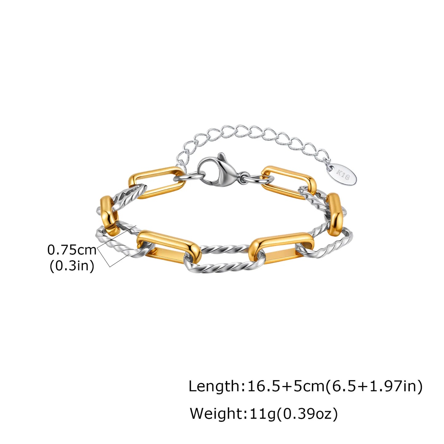 Two Tone Twist Link Paperclip Bracelet for Women, Chunky Stainless Steel Bracelet Adjustable Link, 18k Gold Plated Jewelry