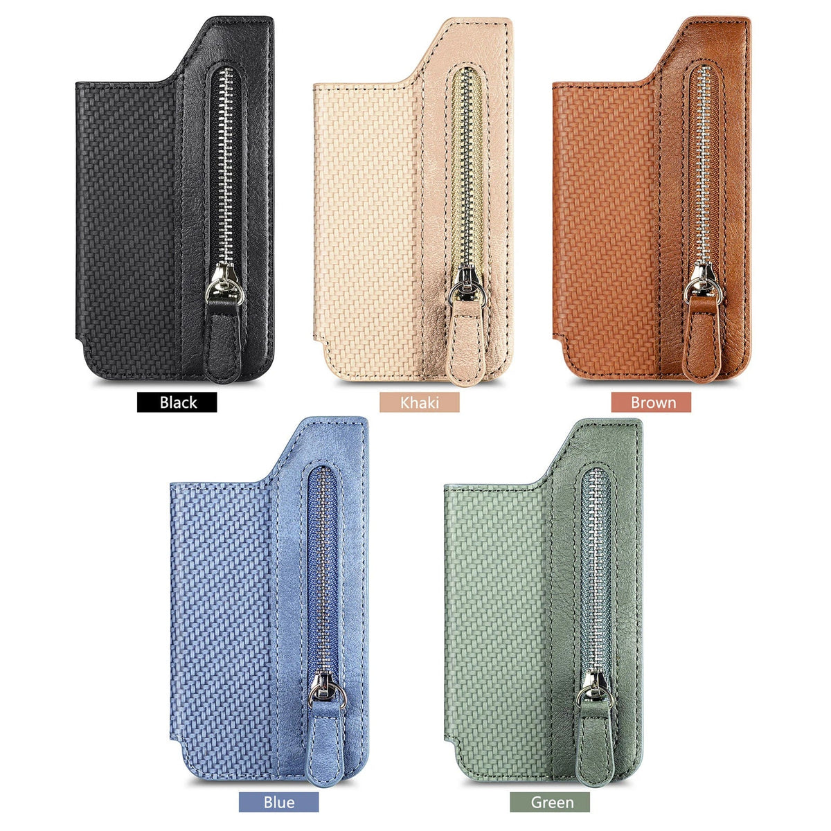 Phone Case Card Holder With Fiber Pattern PU Leather Back Sticker Card Bag Zipper Wallet Universal Desktop Support Bracket