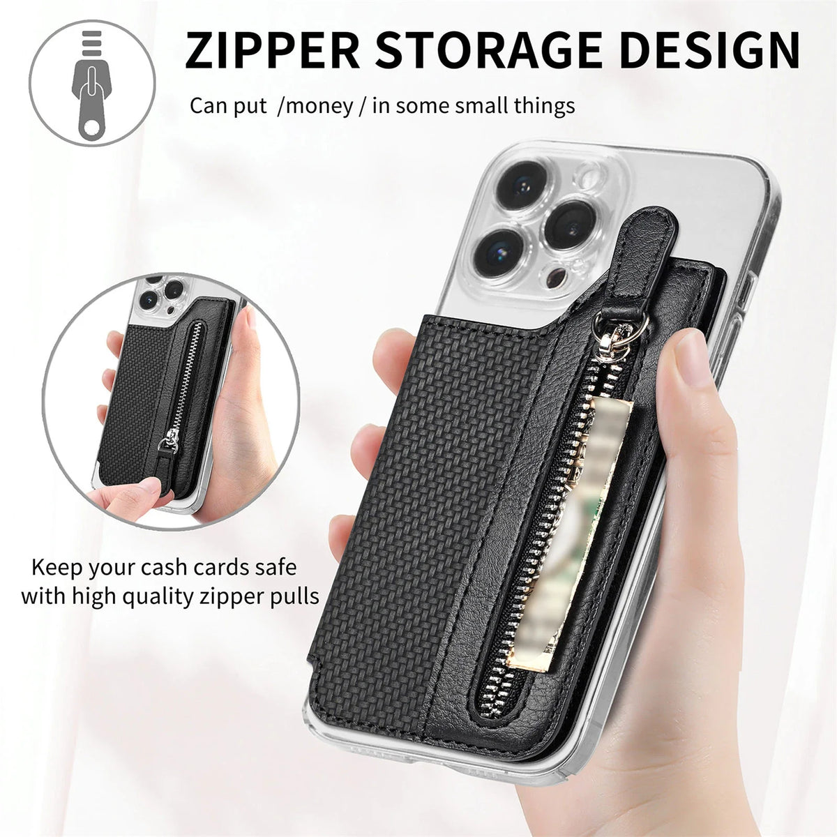 Phone Case Card Holder With Fiber Pattern PU Leather Back Sticker Card Bag Zipper Wallet Universal Desktop Support Bracket