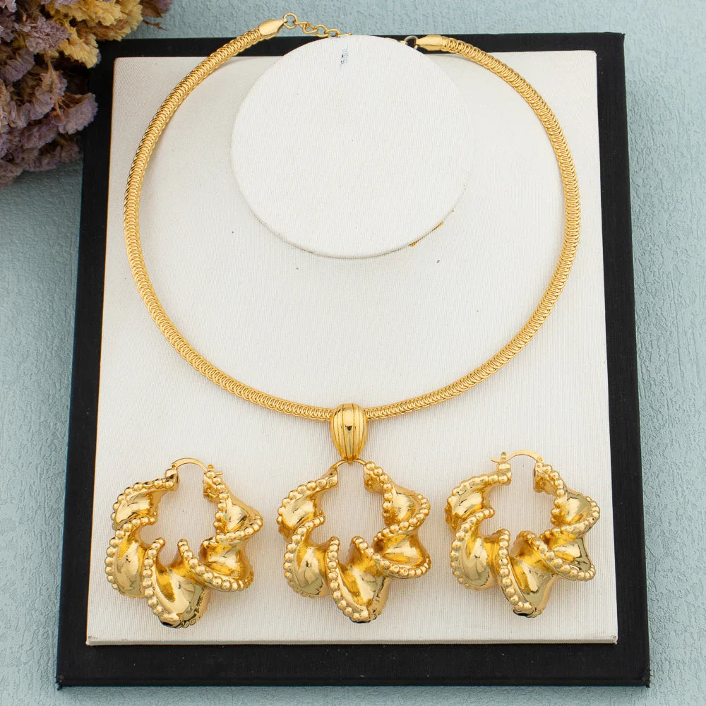 African Jewelry Set 18K Gold Plated Women Big Bold Design Earrings Pendant Wedding Bridal Fashion Necklace Bracelet Ring Gift