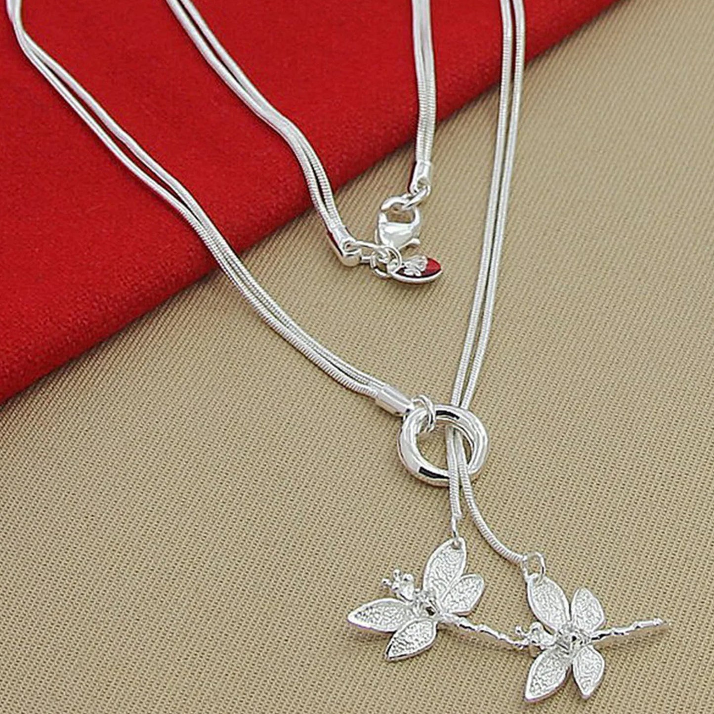 925 Sterling Silver Two Dragonfly Pendant Necklace For Women Snake Chain Necklace Wedding Engagement Jewelry