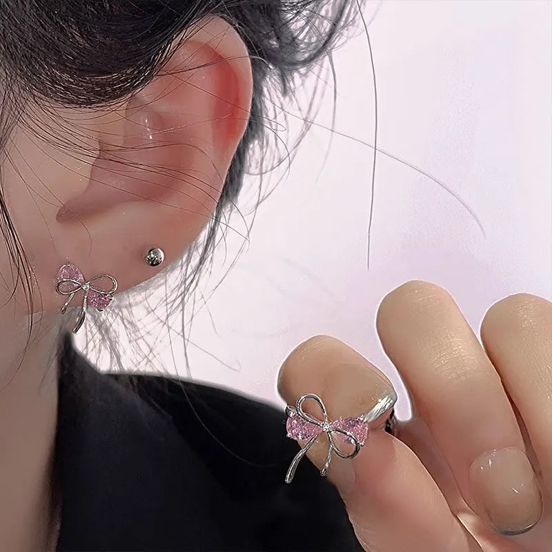 925 Sterling Silver Bow Pink Zircon Stud Earrings For Woman  Wedding Luxury Jewelry Wholesale 2024 Trend Jewellery 925 Money
