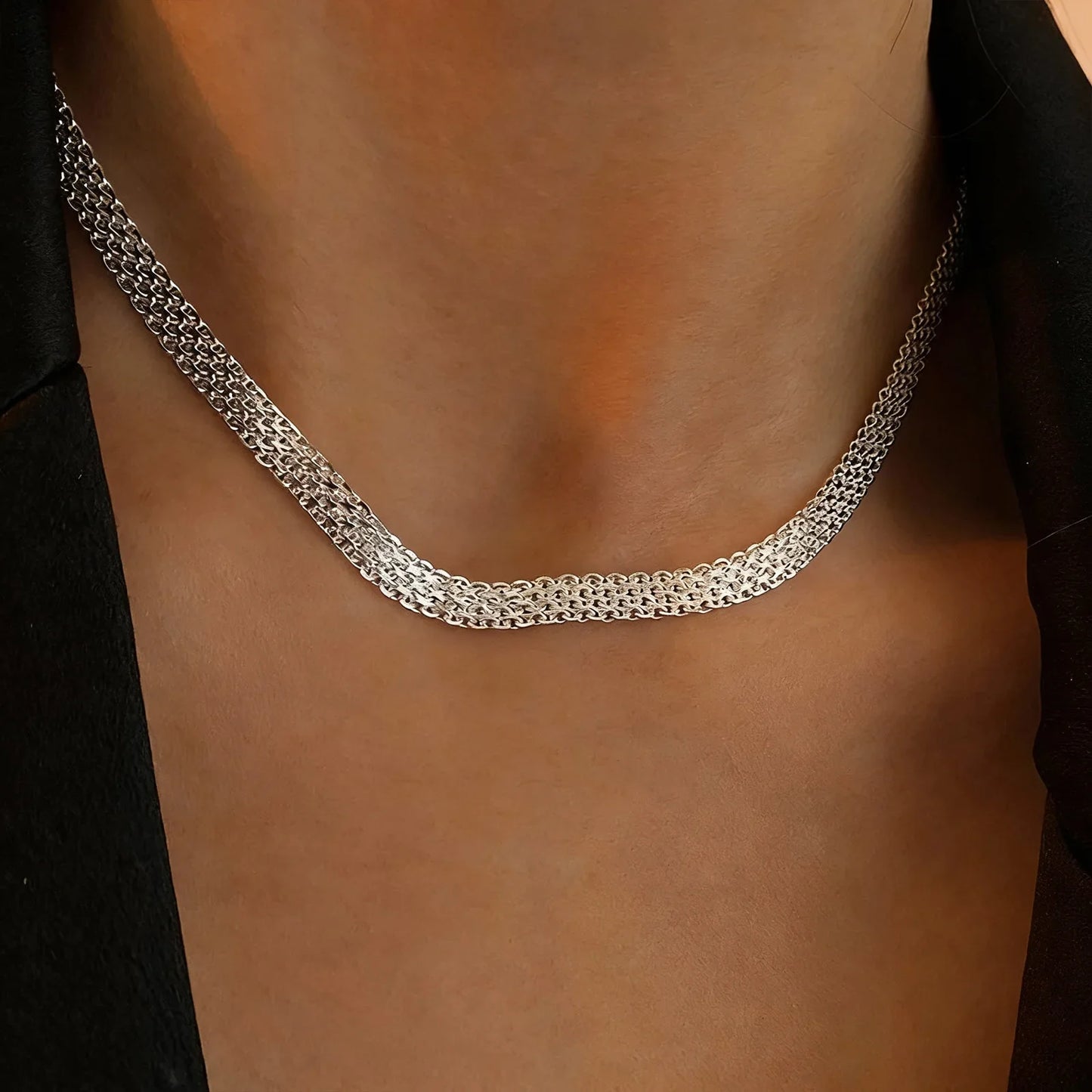 S925Silver European and American simple and unique woven hollow wide necklace ins trend mesh collarbone chain