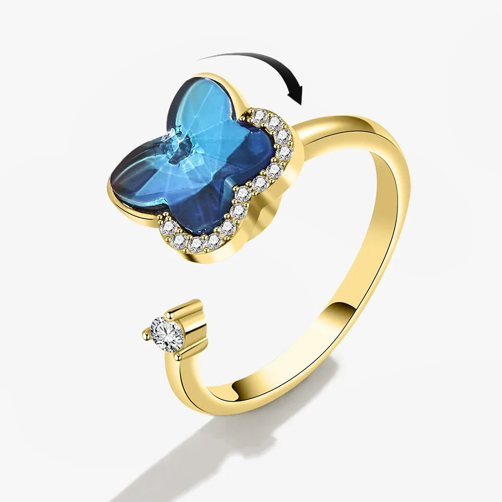 SMJEL Fidget Spinner Ring Anxiety for Women Multiple Crystal Flower Eye Butterfly Animal Ring Rotate Anti Stress Wedding Jewerly