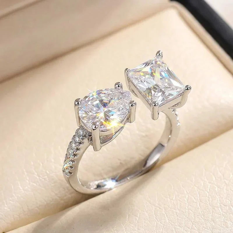 Hot New 925 Sterling Silver Pear Cut Emerald cut Simulated Diamond Wedding Party Vintage Adjustable  Ring Fine Jewelry Gifts