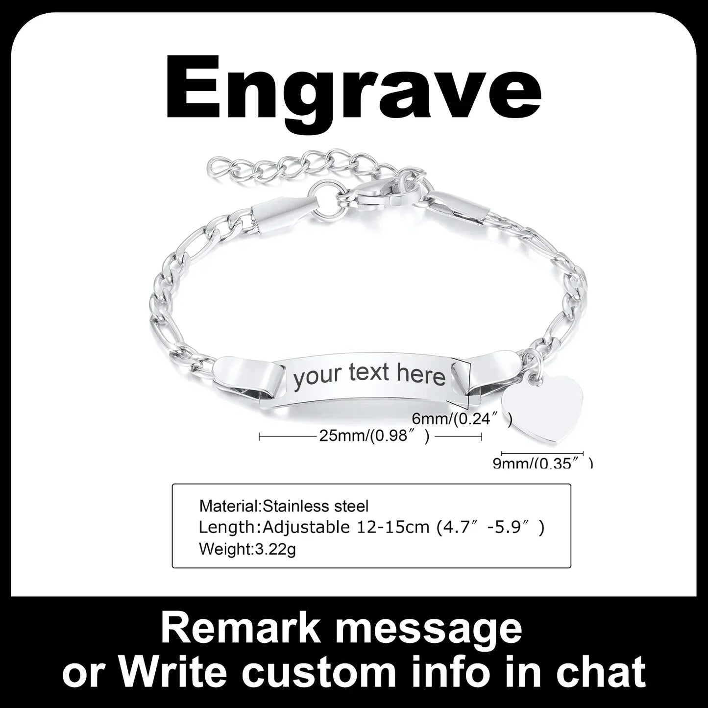 Customized Heart Bracelet for Little Girl Boy, Engravable ID Name Bracelet, Personalized Stainless Steel Chain Birthday Gift